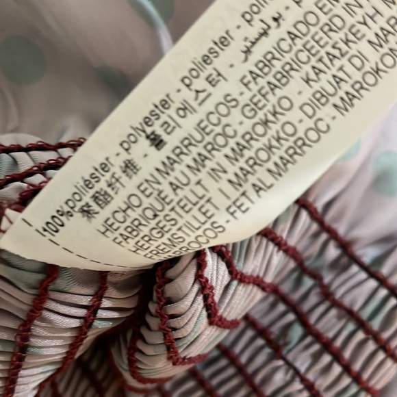 NWT Zara Satin Burgundy Red & Green Polka Dot Smocked Puff Sleeve Top in size M - Picture 10 of 10